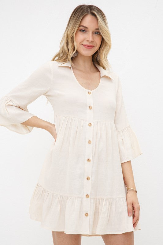 Tiered Half Sleeve Button Down Collared Mini Dress - IVORY