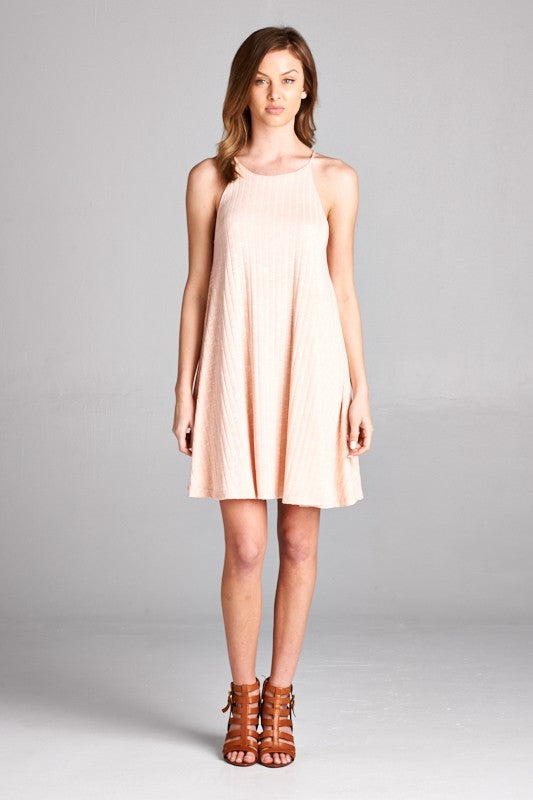 Spaghetti high neck straps ribbed swift dress - PEACH