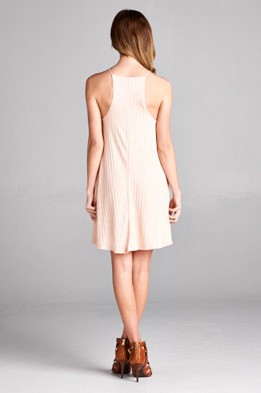 Spaghetti high neck straps ribbed swift dress - PEACH