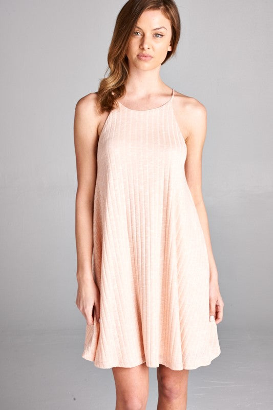 Spaghetti high neck straps ribbed swift dress - PEACH