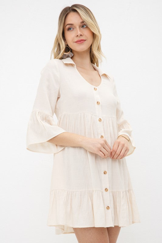 Tiered Half Sleeve Button Down Collared Mini Dress - IVORY