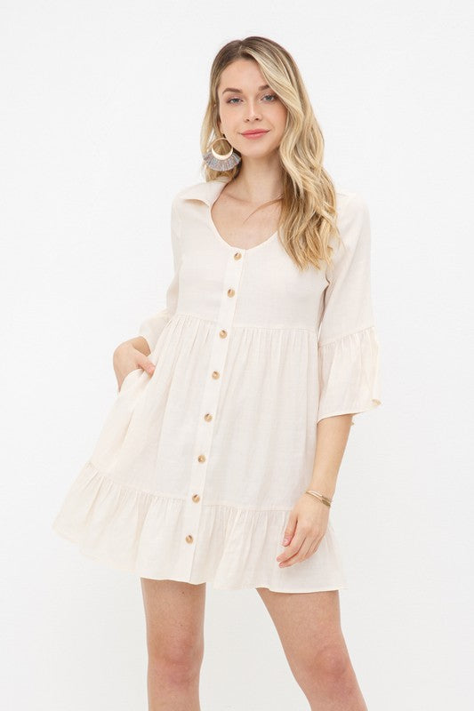 Tiered Half Sleeve Button Down Collared Mini Dress - IVORY