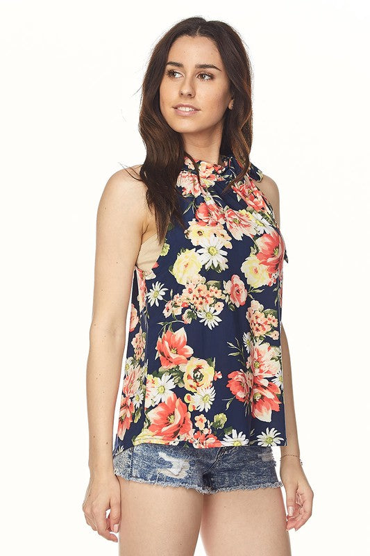 Floral Mock Neck Sleevless Top